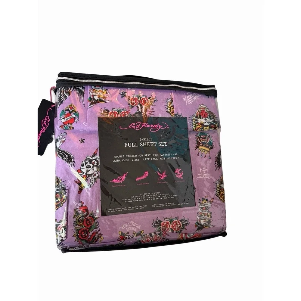 Ed Hardy 6-Piece Full Size Sheet Set Purple Dragon Tiger Print New